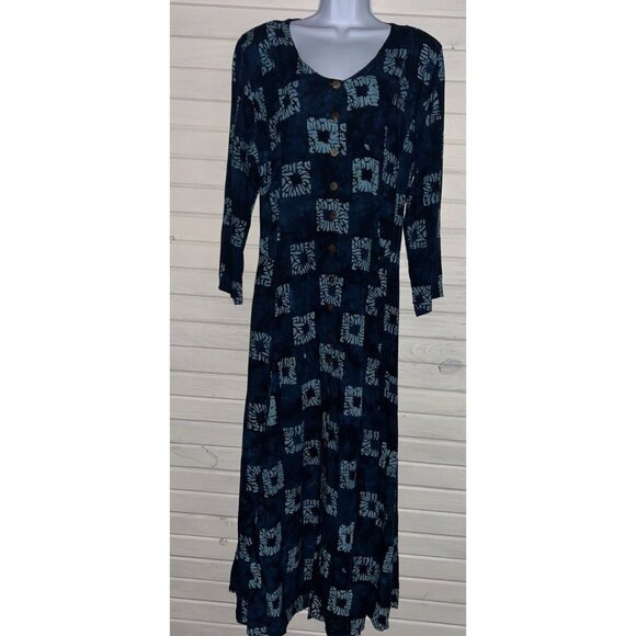 VTG Jalan Jalan Sz LARGE Batik Rayon Maxi Dress L/S Modest Y2K 90s Button Up EUC - Picture 1 of 10
